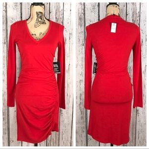 Express Red V-Neck Ruched Side Dress Small